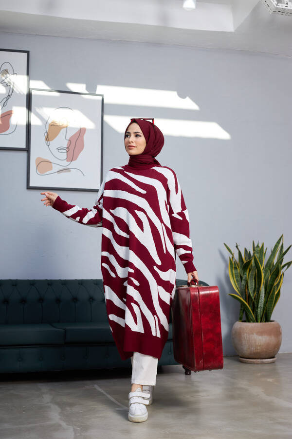 8035-Zebra Triko Tunik Bordo - Ekru
