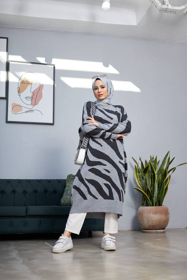 8035-Zebra Triko Tunik Gri - Antrasit