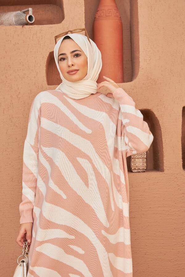 8035-Zebra Triko Tunik Pudra - Ekru