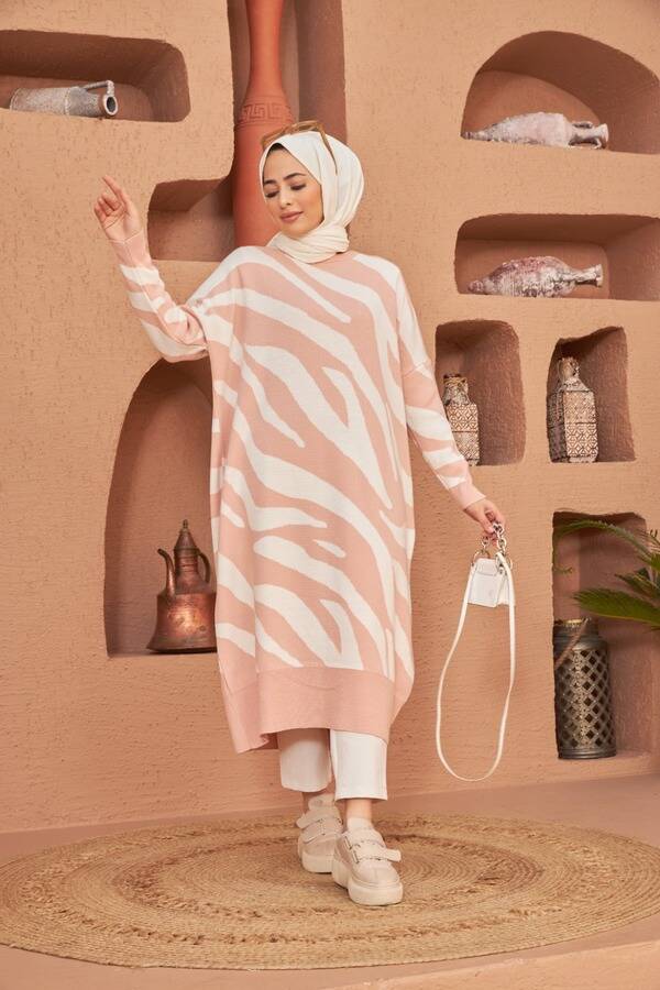 8035-Zebra Triko Tunik Pudra - Ekru