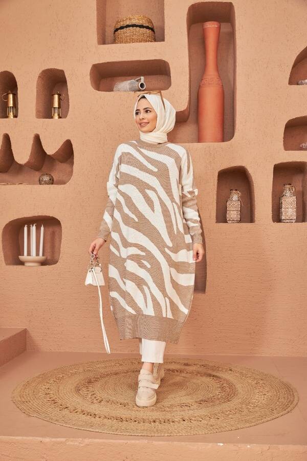 8035-Zebra Triko Tunik Vizon - Ekru